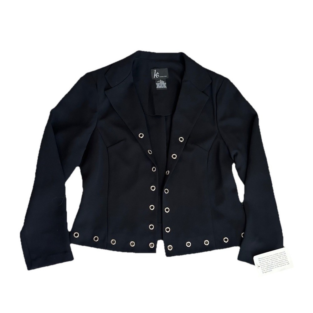 KS Collection Black Grommet Eyelet Trim Blazer Jacket Size 12 Open Front Edgy - Picture 2 of 14